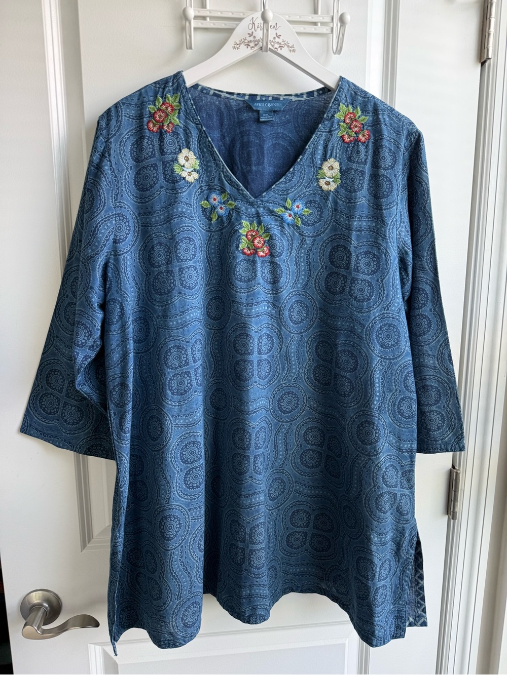 April Cornell Indigo Geometric Embroidered Flower Tunic Bohemian Cottagecore XXL